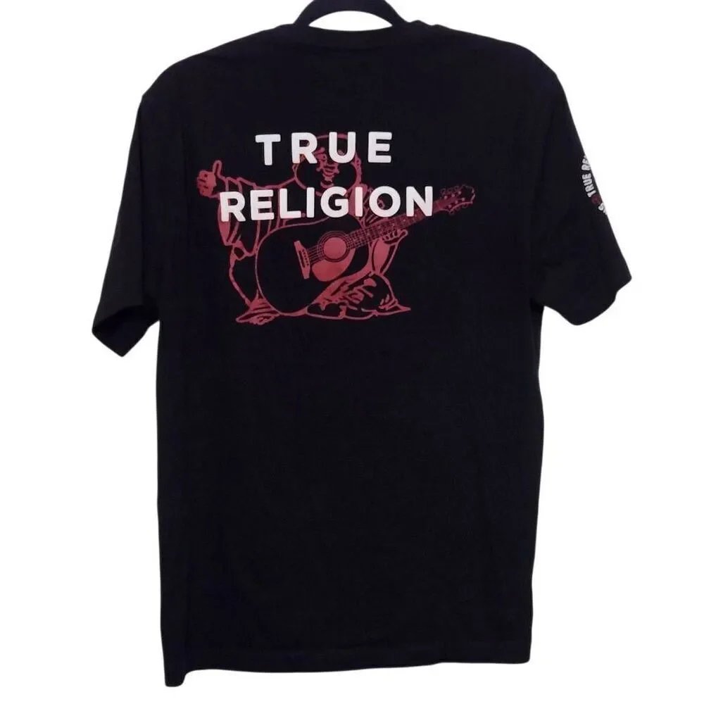True Religion Brand Jeans black t shirt Buddha playing‎ guitar black red Large